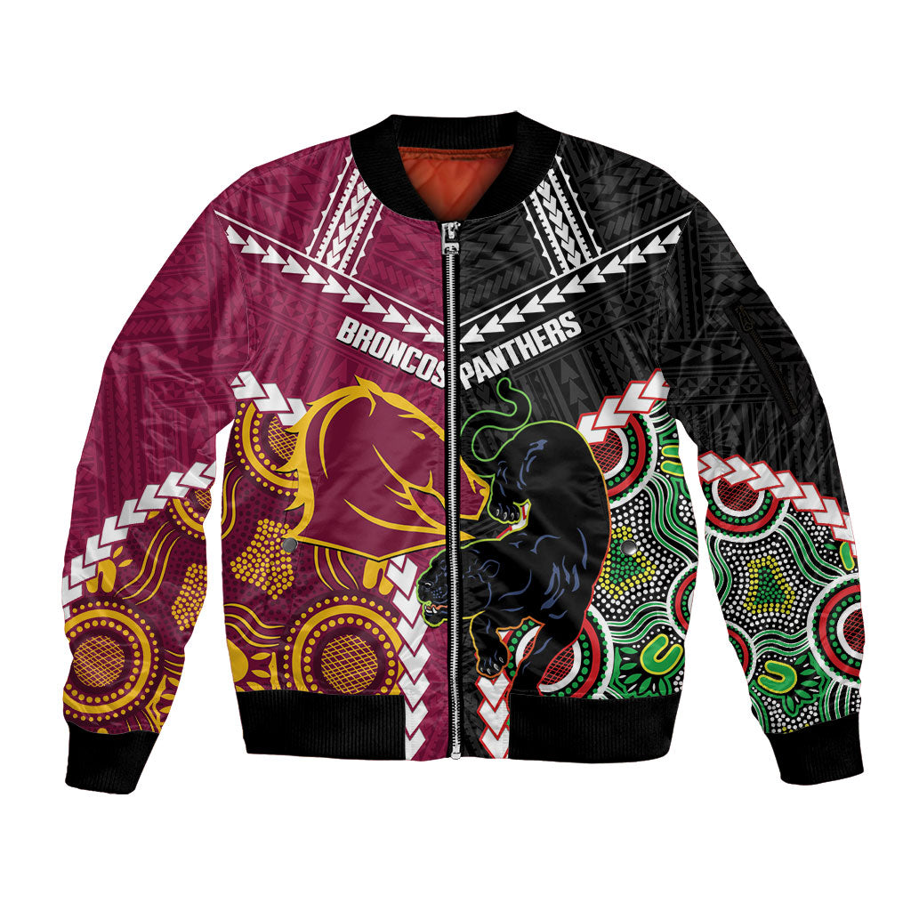 Custom Rugby Panthers and Broncos Sleeve Zip Bomber Jacket 2026 Together Aboriginal Polynesian Pattern