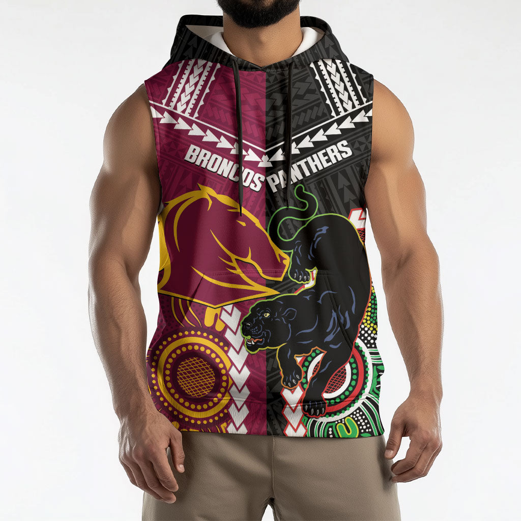 Custom Rugby Panthers and Broncos Sleeveless Hoodie 2026 Together Aboriginal Polynesian Pattern
