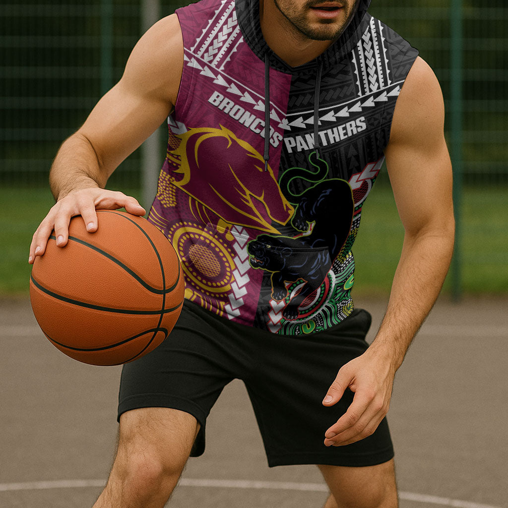 Custom Rugby Panthers and Broncos Sleeveless Hoodie 2026 Together Aboriginal Polynesian Pattern