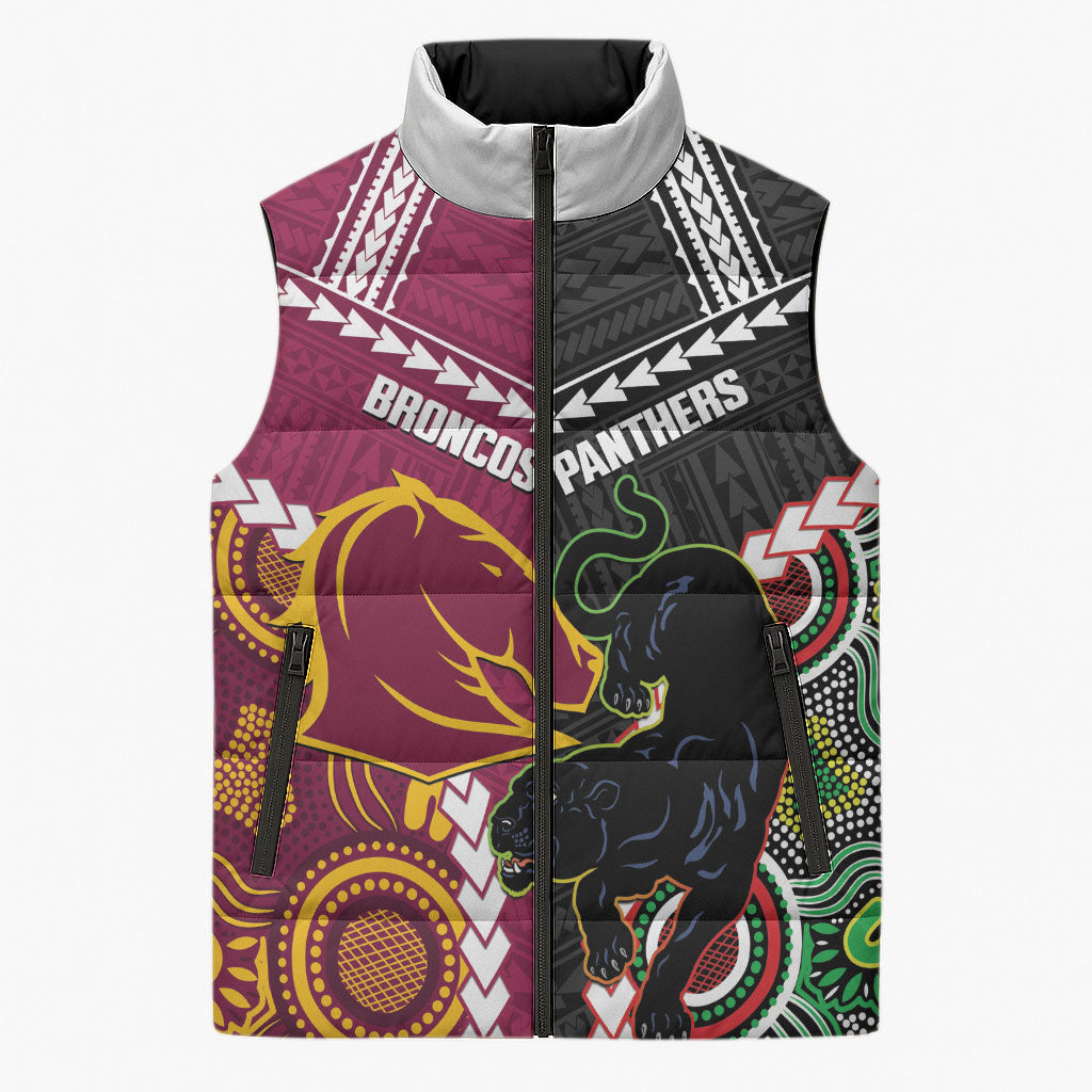 Custom Rugby Panthers and Broncos Sleeveless Puffer Jacket 2026 Together Aboriginal Polynesian Pattern