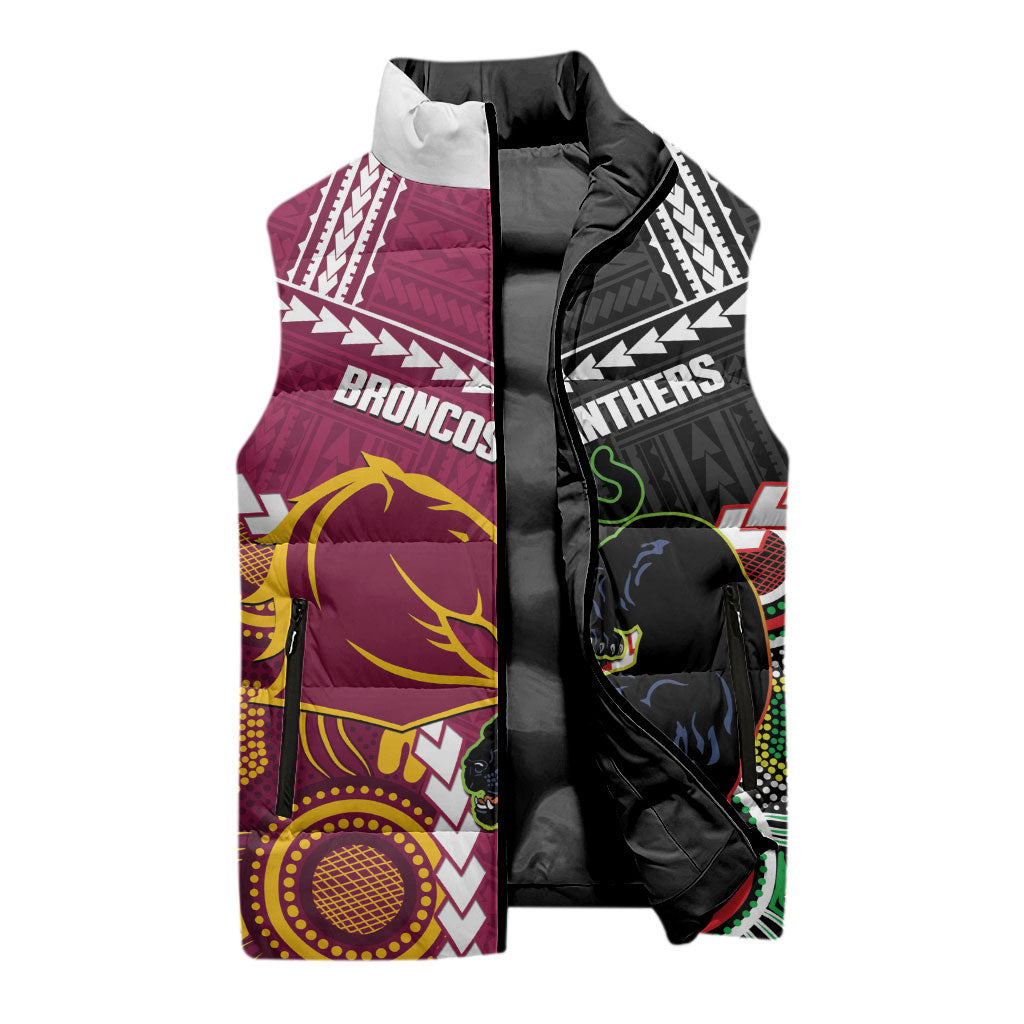 Custom Rugby Panthers and Broncos Sleeveless Puffer Jacket 2026 Together Aboriginal Polynesian Pattern