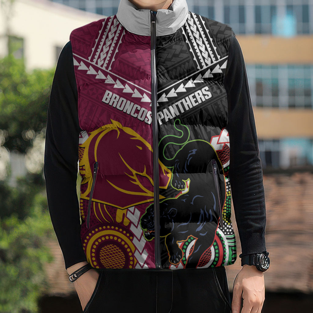 Custom Rugby Panthers and Broncos Sleeveless Puffer Jacket 2026 Together Aboriginal Polynesian Pattern