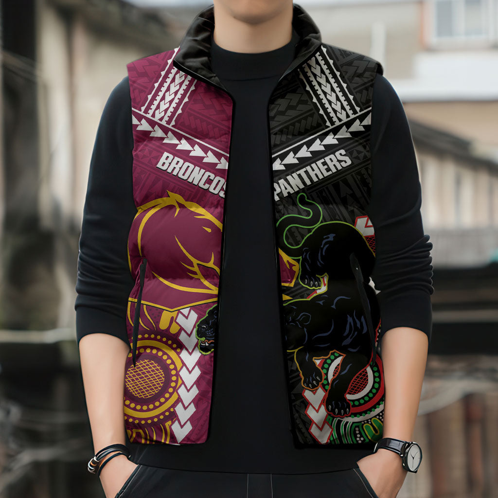 Custom Rugby Panthers and Broncos Sleeveless Puffer Jacket 2026 Together Aboriginal Polynesian Pattern