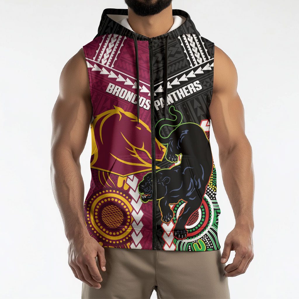 Custom Rugby Panthers and Broncos Sleeveless Zip Hoodie 2026 Together Aboriginal Polynesian Pattern