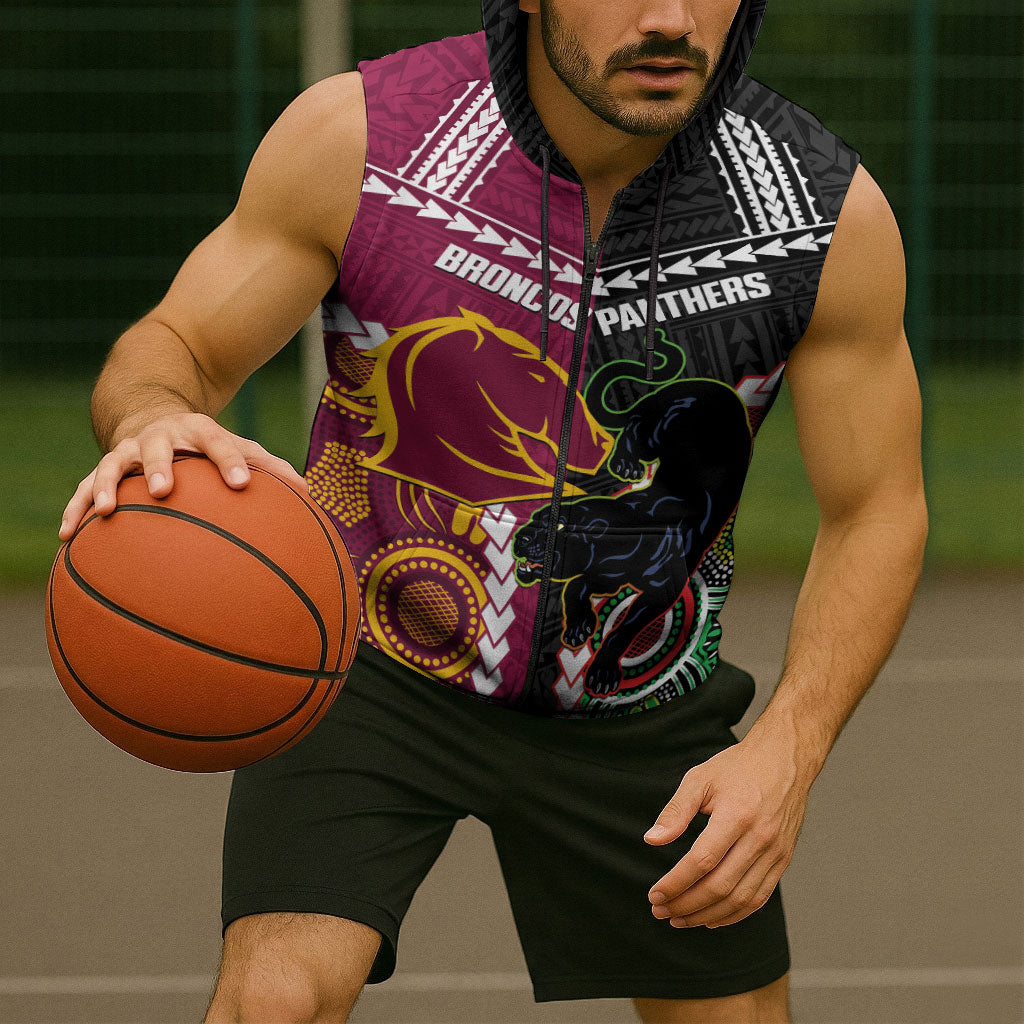 Custom Rugby Panthers and Broncos Sleeveless Zip Hoodie 2026 Together Aboriginal Polynesian Pattern
