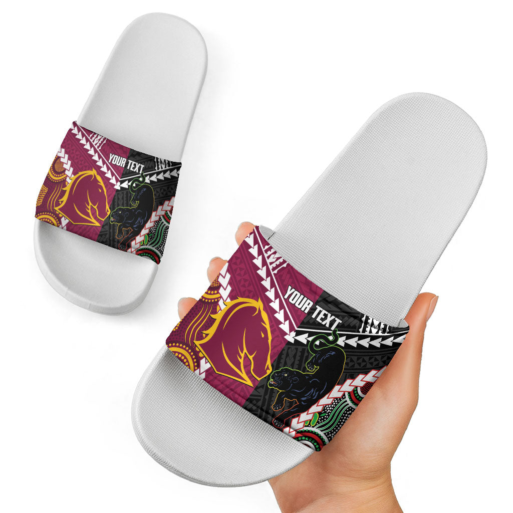 Custom Rugby Panthers and Broncos Slide Sandals 2026 Together Aboriginal Polynesian Pattern
