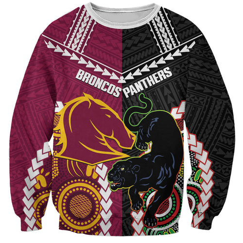 Custom Rugby Panthers and Broncos Sweatshirt 2026 Together Aboriginal Polynesian Pattern