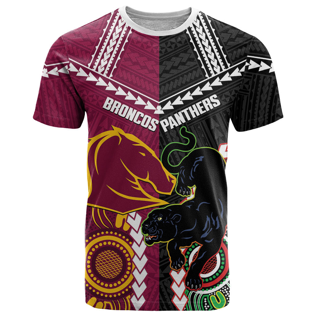 Custom Rugby Panthers and Broncos T Shirt 2026 Together Aboriginal Polynesian Pattern