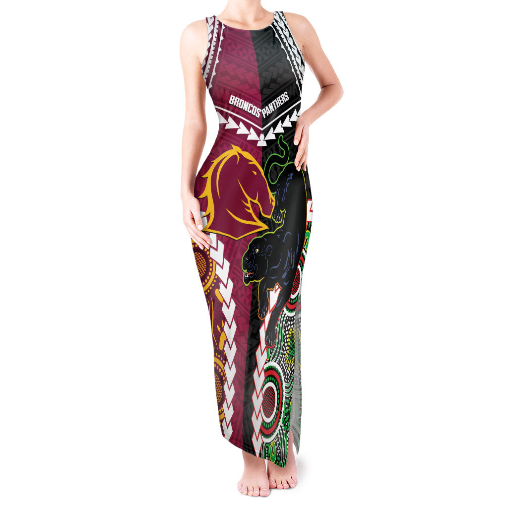 Custom Rugby Panthers and Broncos Tank Maxi Dress 2026 Together Aboriginal Polynesian Pattern