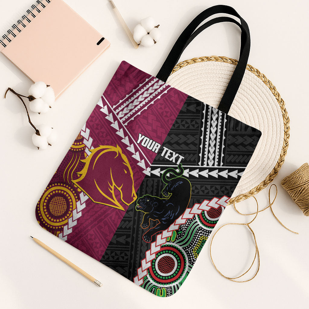 Custom Rugby Panthers and Broncos Tote Bag 2026 Together Aboriginal Polynesian Pattern
