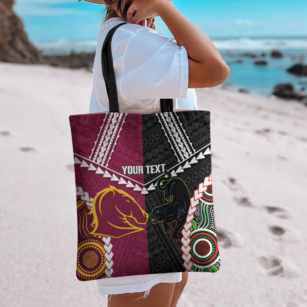 Custom Rugby Panthers and Broncos Tote Bag 2026 Together Aboriginal Polynesian Pattern