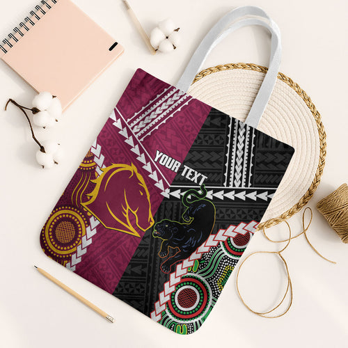 Custom Rugby Panthers and Broncos Tote Bag 2026 Together Aboriginal Polynesian Pattern