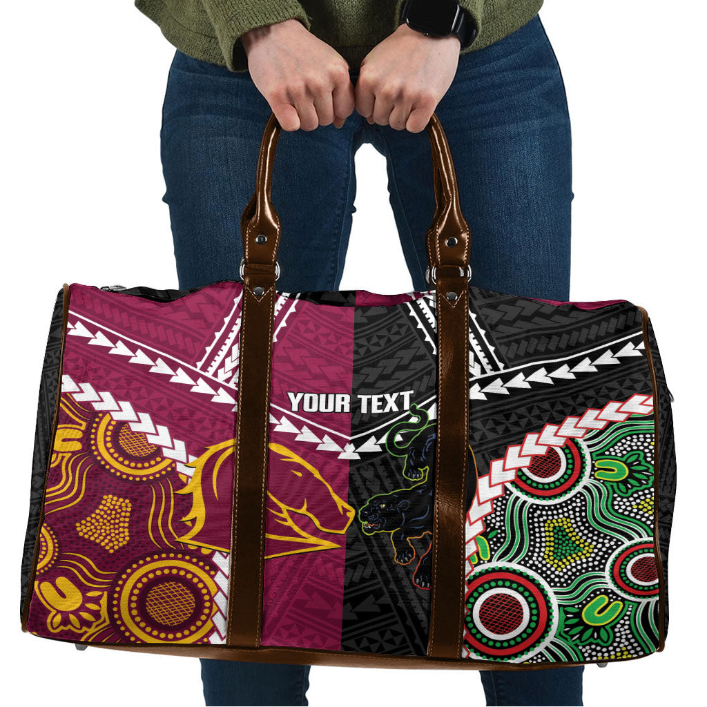 Custom Rugby Panthers and Broncos Travel Bag 2026 Together Aboriginal Polynesian Pattern