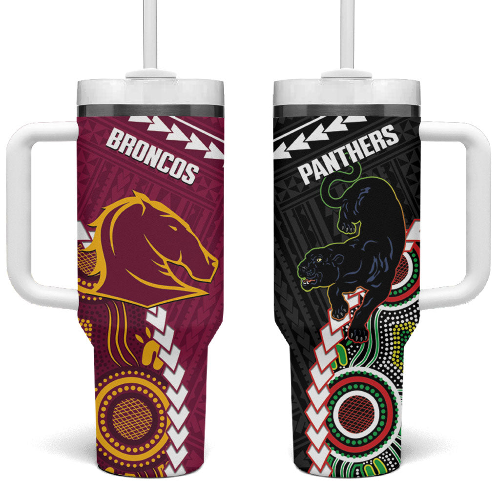 Custom Rugby Panthers and Broncos Tumbler With Handle 2026 Together Aboriginal Polynesian Pattern