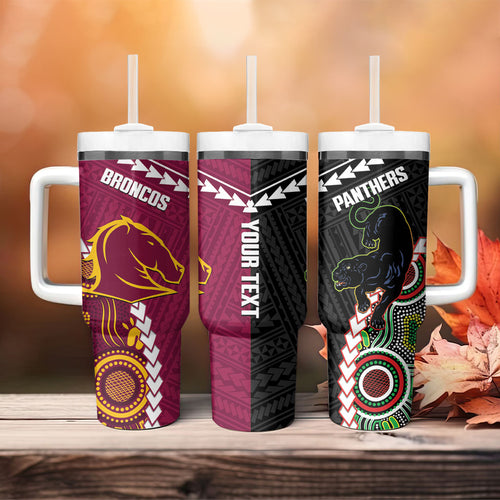 Custom Rugby Panthers and Broncos Tumbler With Handle 2026 Together Aboriginal Polynesian Pattern