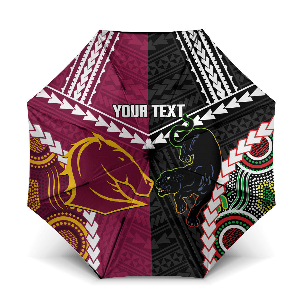 Custom Rugby Panthers and Broncos Umbrella 2026 Together Aboriginal Polynesian Pattern