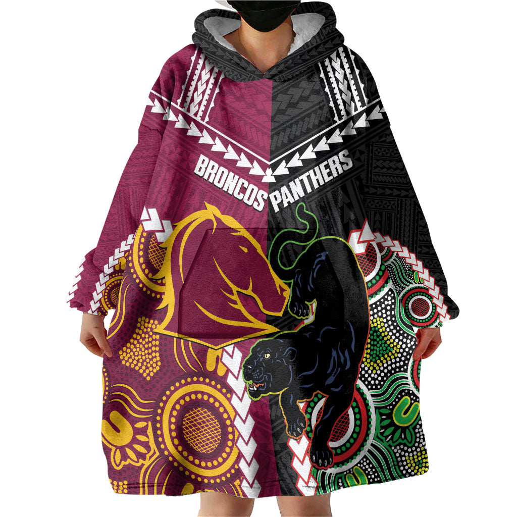 Custom Rugby Panthers and Broncos Wearable Blanket Hoodie 2026 Together Aboriginal Polynesian Pattern