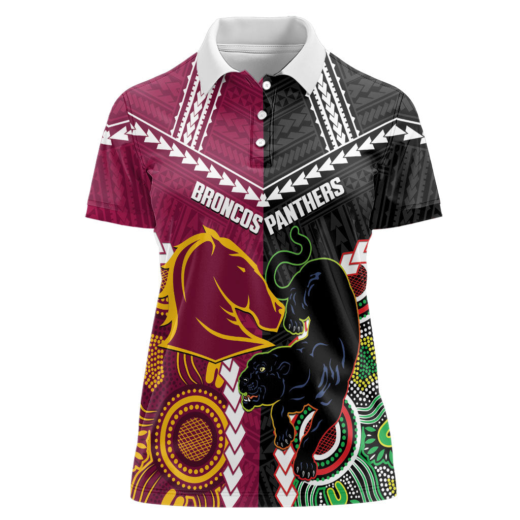 Custom Rugby Panthers and Broncos Women Polo Shirt 2026 Together Aboriginal Polynesian Pattern