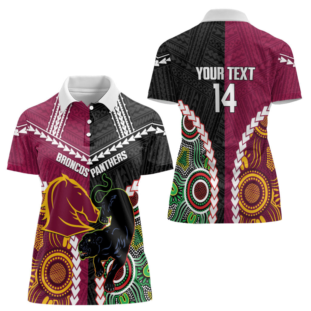 Custom Rugby Panthers and Broncos Women Polo Shirt 2026 Together Aboriginal Polynesian Pattern