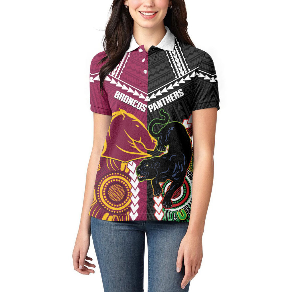Custom Rugby Panthers and Broncos Women Polo Shirt 2026 Together Aboriginal Polynesian Pattern