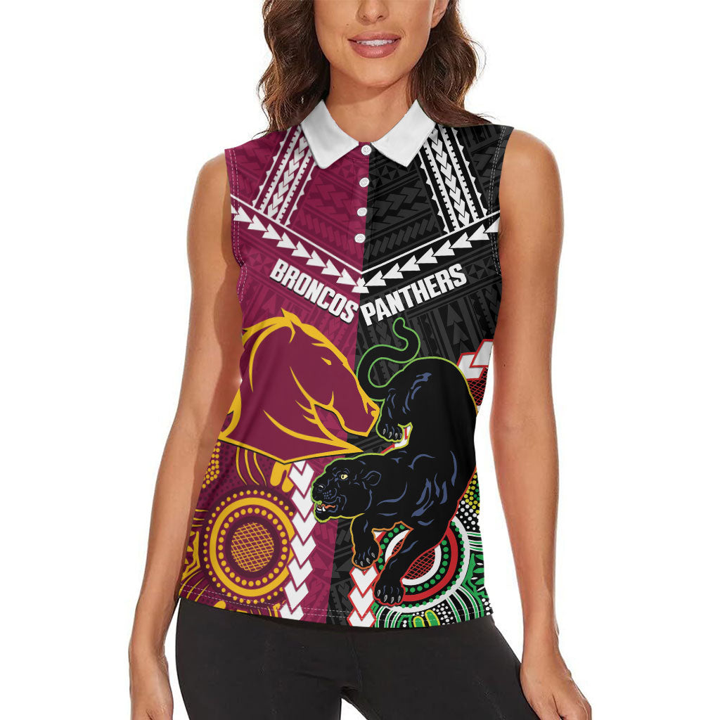 Custom Rugby Panthers and Broncos Women Sleeveless Polo Shirt 2026 Together Aboriginal Polynesian Pattern