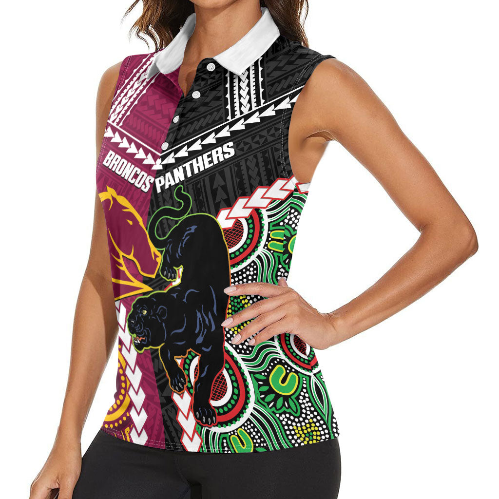 Custom Rugby Panthers and Broncos Women Sleeveless Polo Shirt 2026 Together Aboriginal Polynesian Pattern