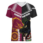 Custom Rugby Panthers and Broncos Women V-Neck T-Shirt 2026 Together Aboriginal Polynesian Pattern