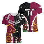 Custom Rugby Panthers and Broncos Women V-Neck T-Shirt 2026 Together Aboriginal Polynesian Pattern