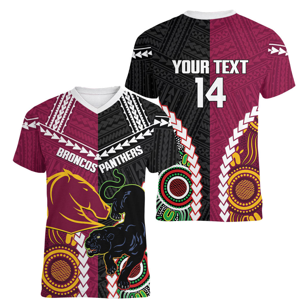Custom Rugby Panthers and Broncos Women V-Neck T-Shirt 2026 Together Aboriginal Polynesian Pattern