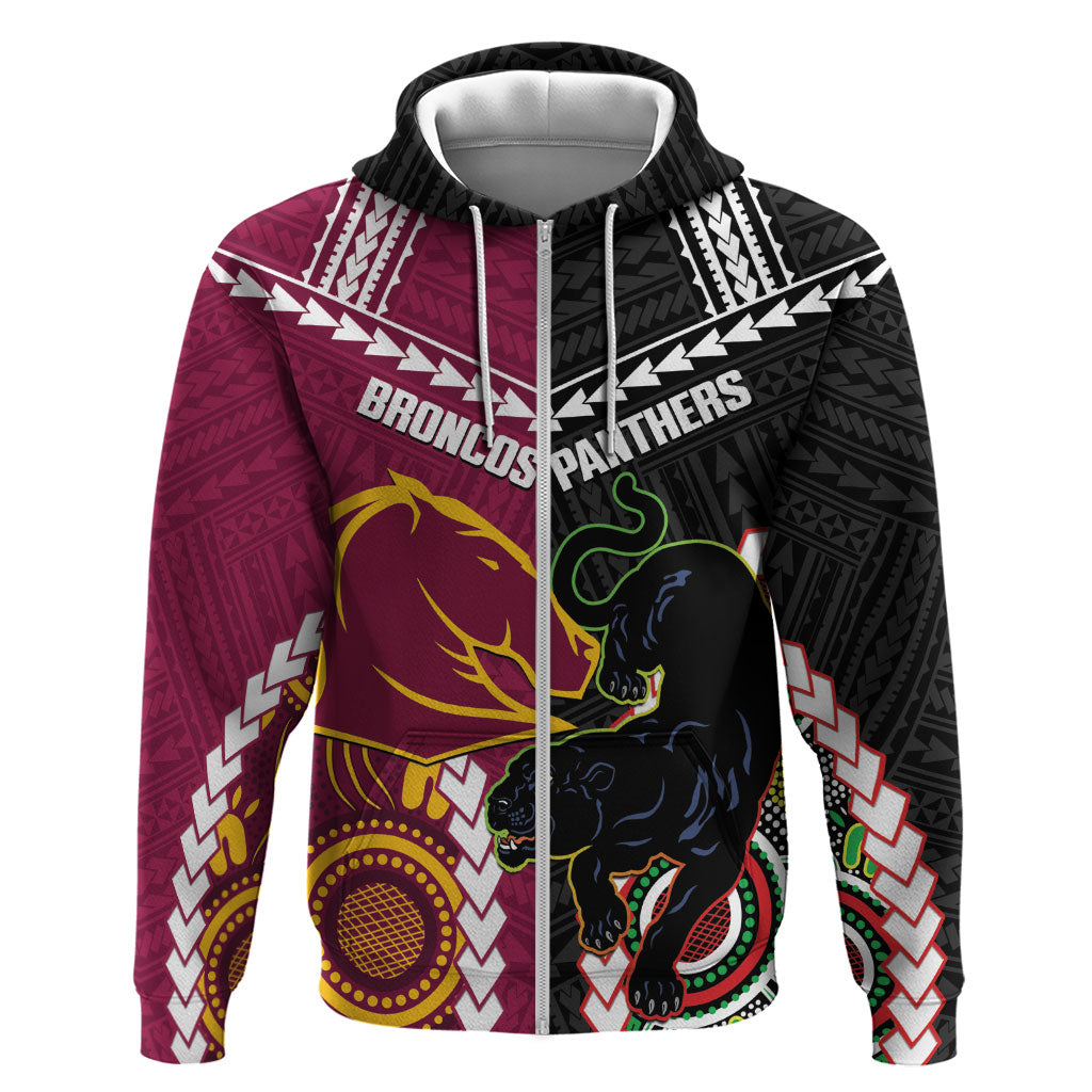 Custom Rugby Panthers and Broncos Zip Hoodie 2026 Together Aboriginal Polynesian Pattern