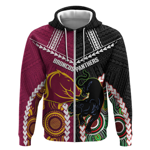 Custom Rugby Panthers and Broncos Zip Hoodie 2026 Together Aboriginal Polynesian Pattern