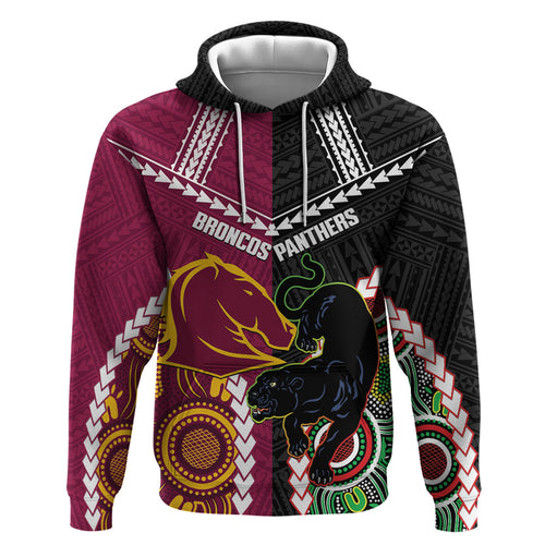 Custom Rugby Panthers and Broncos Zip Hoodie 2026 Together Aboriginal Polynesian Pattern