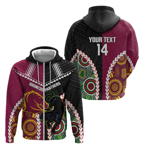 Custom Rugby Panthers and Broncos Zip Hoodie 2026 Together Aboriginal Polynesian Pattern