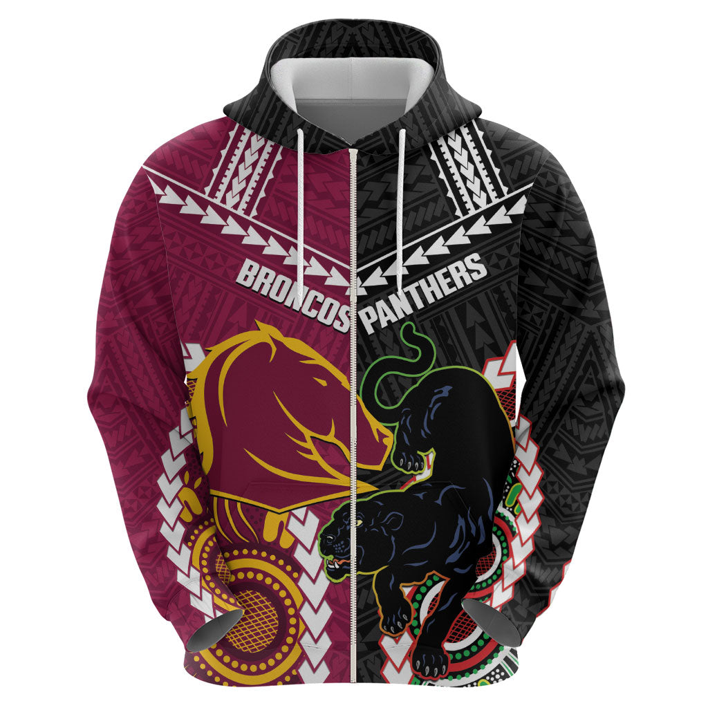 Custom Rugby Panthers and Broncos Zip Hoodie 2026 Together Aboriginal Polynesian Pattern