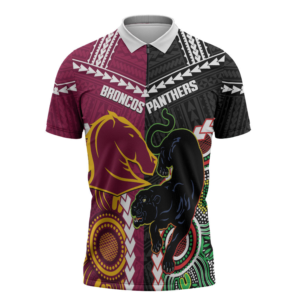 Custom Rugby Panthers and Broncos Zipper Polo Shirt 2026 Together Aboriginal Polynesian Pattern