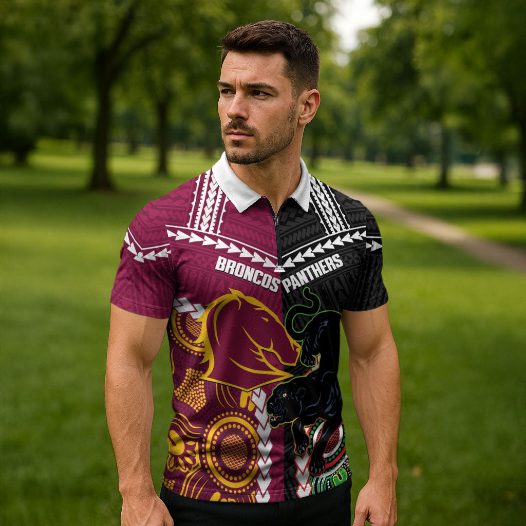 Custom Rugby Panthers and Broncos Zipper Polo Shirt 2026 Together Aboriginal Polynesian Pattern