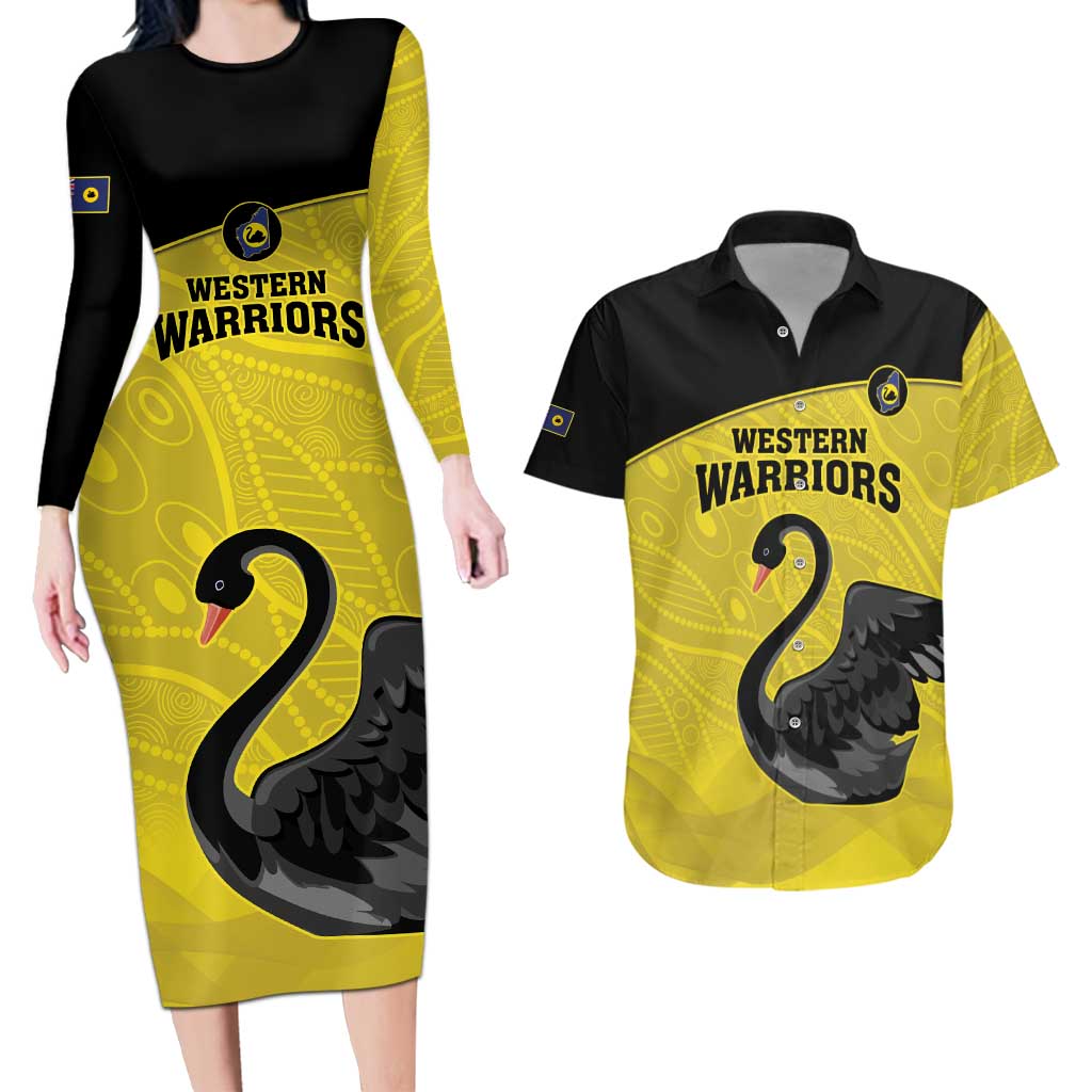 Custom Western Australia Cricket Couples Matching Long Sleeve Bodycon Dress and Hawaiian Shirt Go Warriors Black Swans - Aboriginal Art