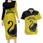 Custom Western Australia Cricket Couples Matching Long Sleeve Bodycon Dress and Hawaiian Shirt Go Warriors Black Swans - Aboriginal Art