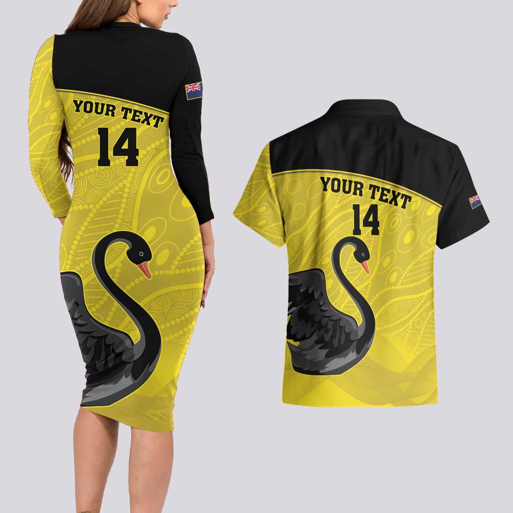 Custom Western Australia Cricket Couples Matching Long Sleeve Bodycon Dress and Hawaiian Shirt Go Warriors Black Swans - Aboriginal Art