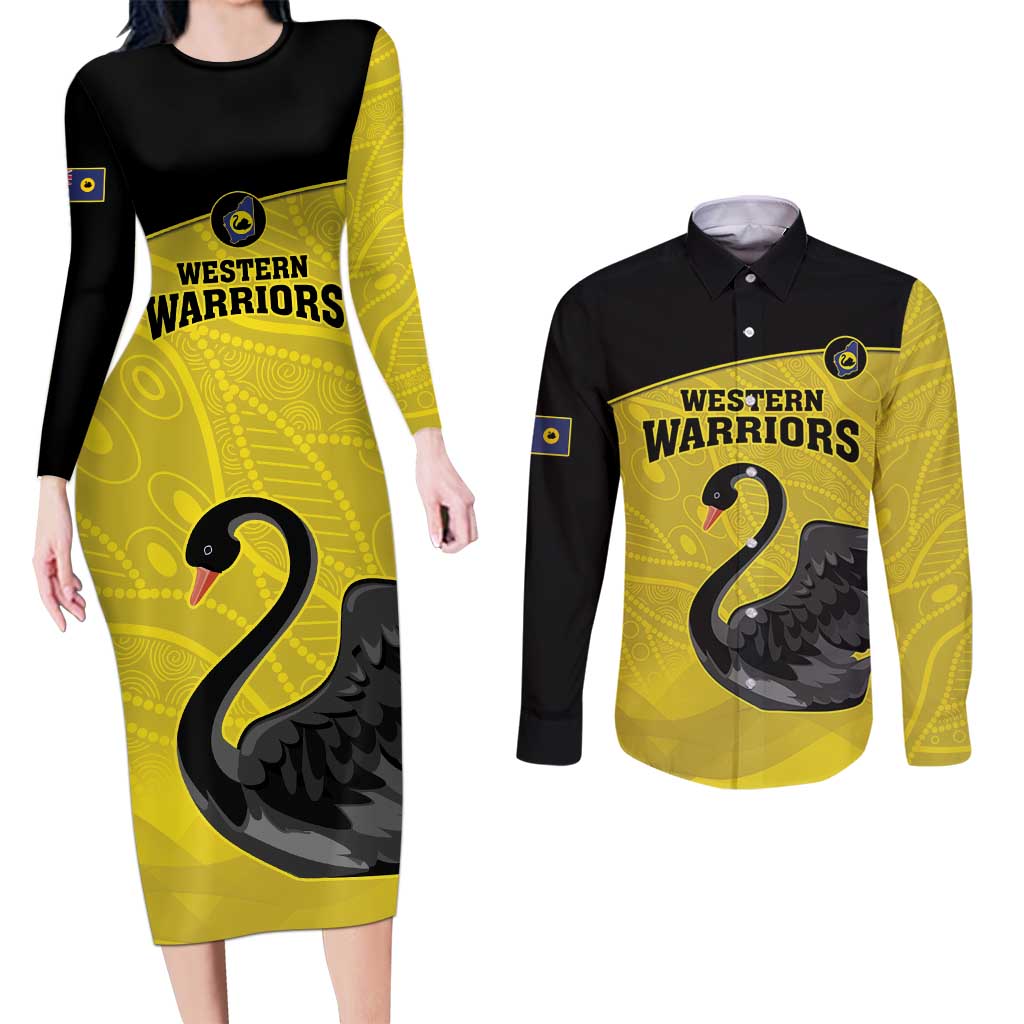 Custom Western Australia Cricket Couples Matching Long Sleeve Bodycon Dress and Long Sleeve Button Shirt Go Warriors Black Swans - Aboriginal Art