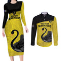 Custom Western Australia Cricket Couples Matching Long Sleeve Bodycon Dress and Long Sleeve Button Shirt Go Warriors Black Swans - Aboriginal Art