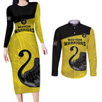 Custom Western Australia Cricket Couples Matching Long Sleeve Bodycon Dress and Long Sleeve Button Shirt Go Warriors Black Swans - Aboriginal Art