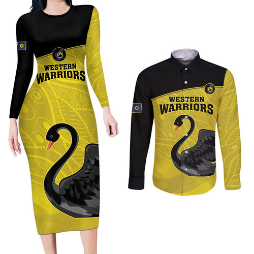 Custom Western Australia Cricket Couples Matching Long Sleeve Bodycon Dress and Long Sleeve Button Shirt Go Warriors Black Swans - Aboriginal Art
