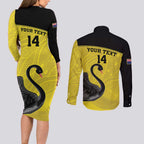 Custom Western Australia Cricket Couples Matching Long Sleeve Bodycon Dress and Long Sleeve Button Shirt Go Warriors Black Swans - Aboriginal Art