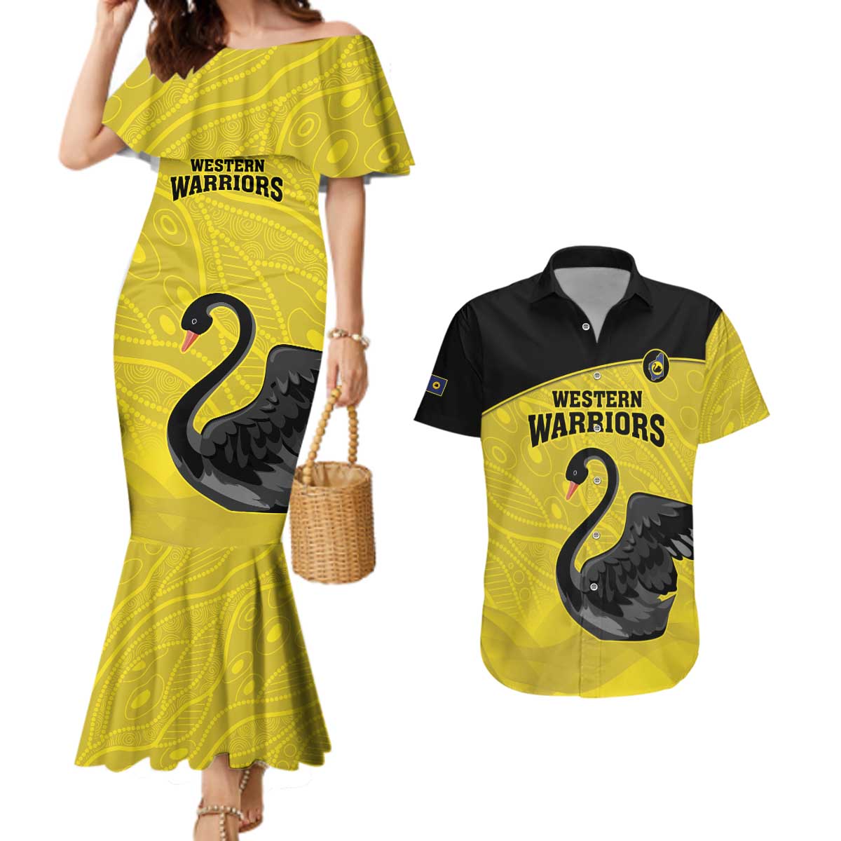 Custom Western Australia Cricket Couples Matching Mermaid Dress and Hawaiian Shirt Go Warriors Black Swans - Aboriginal Art