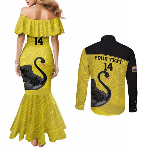 Custom Western Australia Cricket Couples Matching Mermaid Dress and Long Sleeve Button Shirt Go Warriors Black Swans - Aboriginal Art