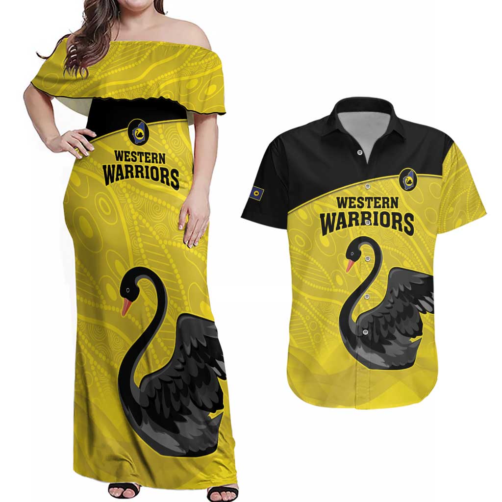 Custom Western Australia Cricket Couples Matching Off Shoulder Maxi Dress and Hawaiian Shirt Go Warriors Black Swans - Aboriginal Art