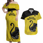 Custom Western Australia Cricket Couples Matching Off Shoulder Maxi Dress and Hawaiian Shirt Go Warriors Black Swans - Aboriginal Art