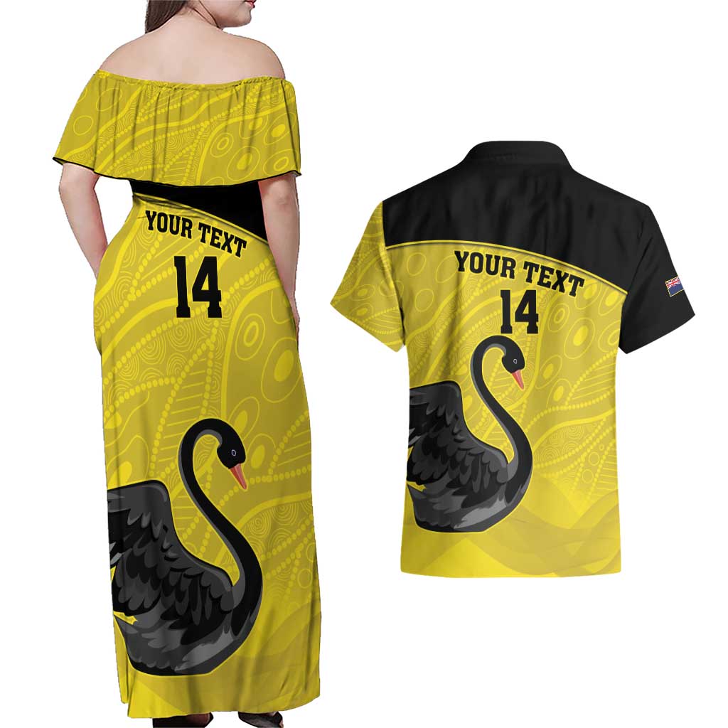 Custom Western Australia Cricket Couples Matching Off Shoulder Maxi Dress and Hawaiian Shirt Go Warriors Black Swans - Aboriginal Art