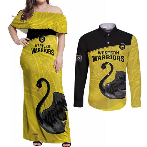 Custom Western Australia Cricket Couples Matching Off Shoulder Maxi Dress and Long Sleeve Button Shirt Go Warriors Black Swans - Aboriginal Art